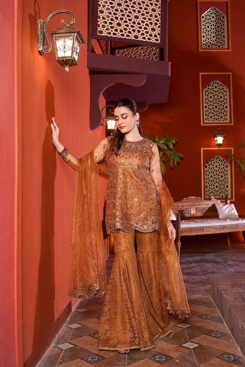 NF-5987 Golden Shirt Gharara Stitched Dress