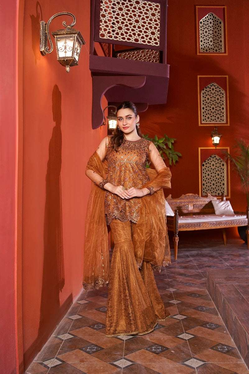 NF-5987 Golden Shirt Gharara Stitched Dress