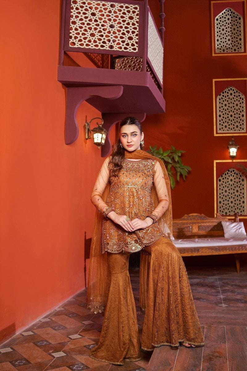 NF-5987 Golden Shirt Gharara Stitched Dress