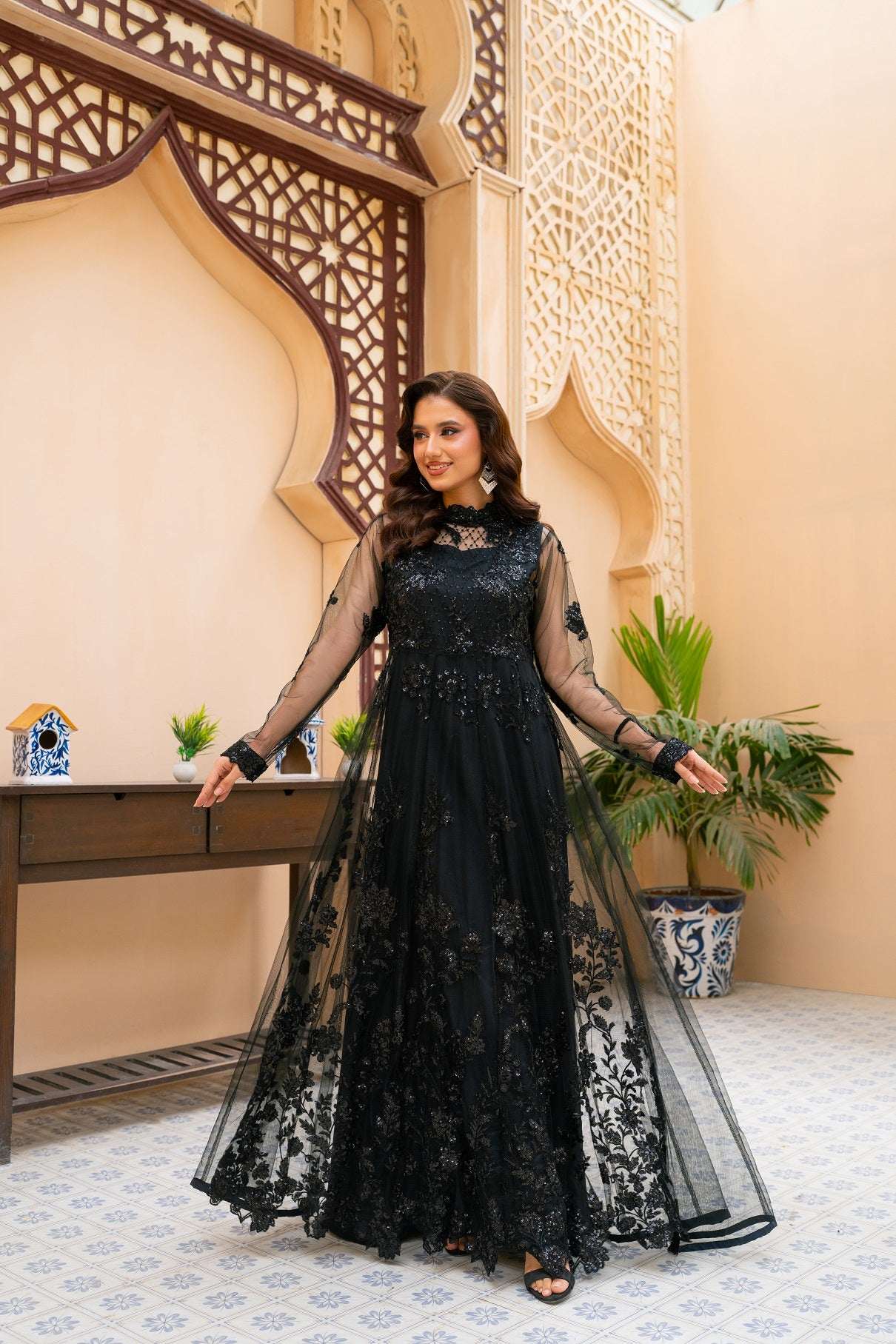 NF-6525 Black Net Stitched Dress NF-6525 Black Net Stitched Dress