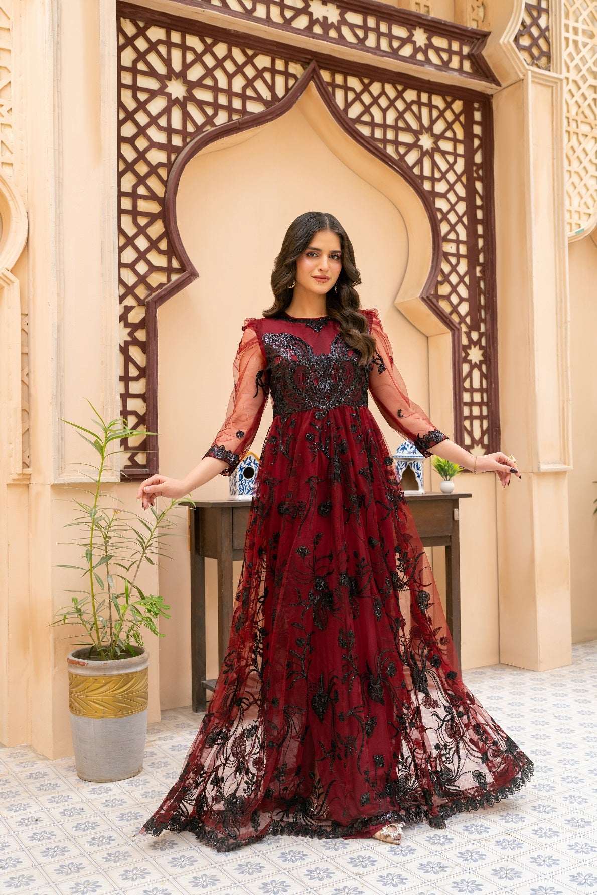 NF-2836 Maroon Net Stitched Dress NF-2836 Maroon Net Stitched Dress