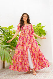 NF-394 Lilac Orange Printed Summer Stitched Frock