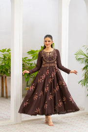 NF-5957 Brown Cotton Summer Stitched Frock