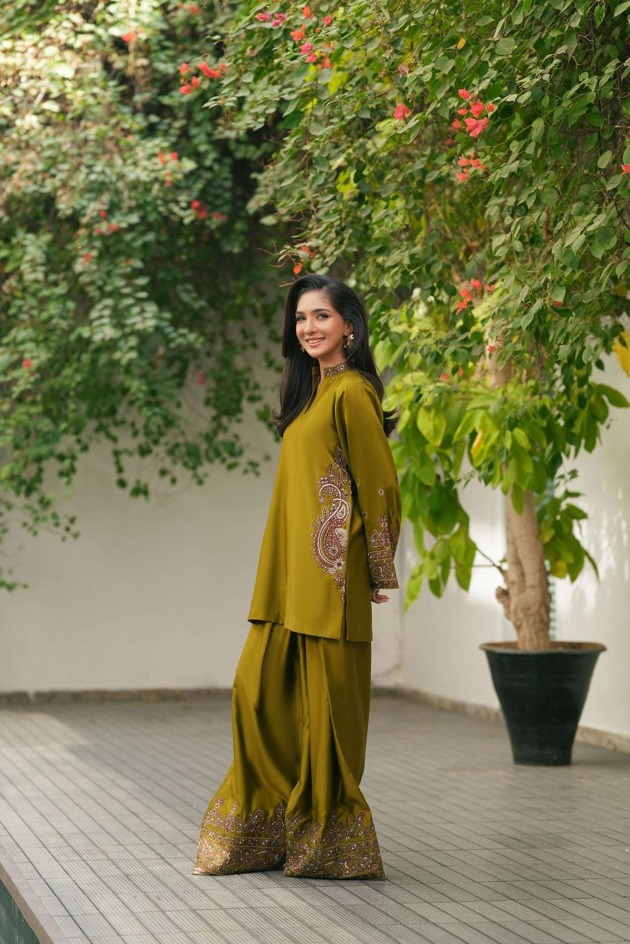 NF-6451 Mehndi Silk Stitched 2PC Dress