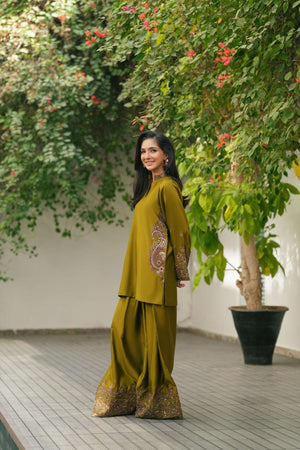 NF-6451 Mehndi Silk Stitched 2PC Dress