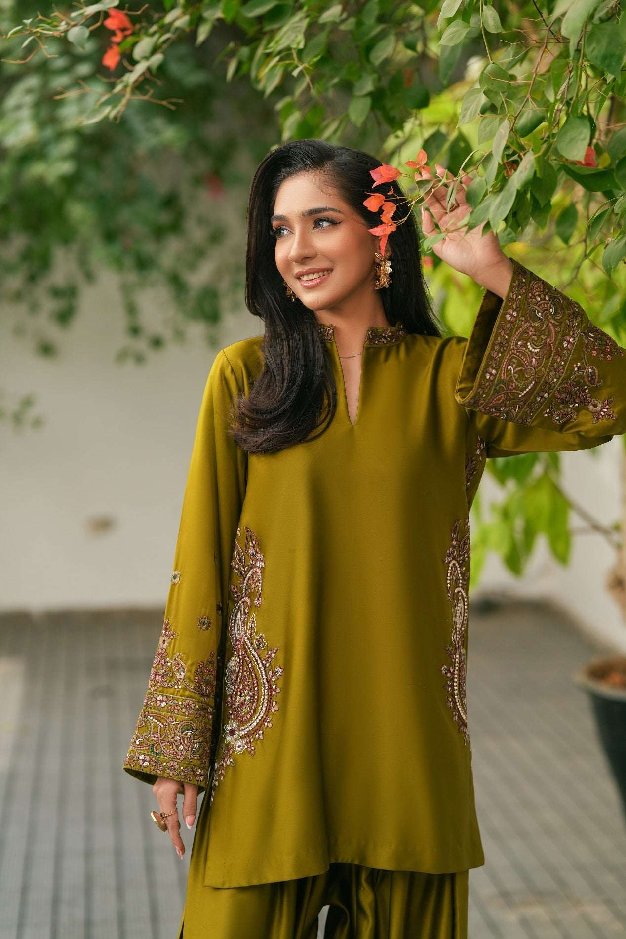 NF-6451 Mehndi Silk Stitched 2PC Dress