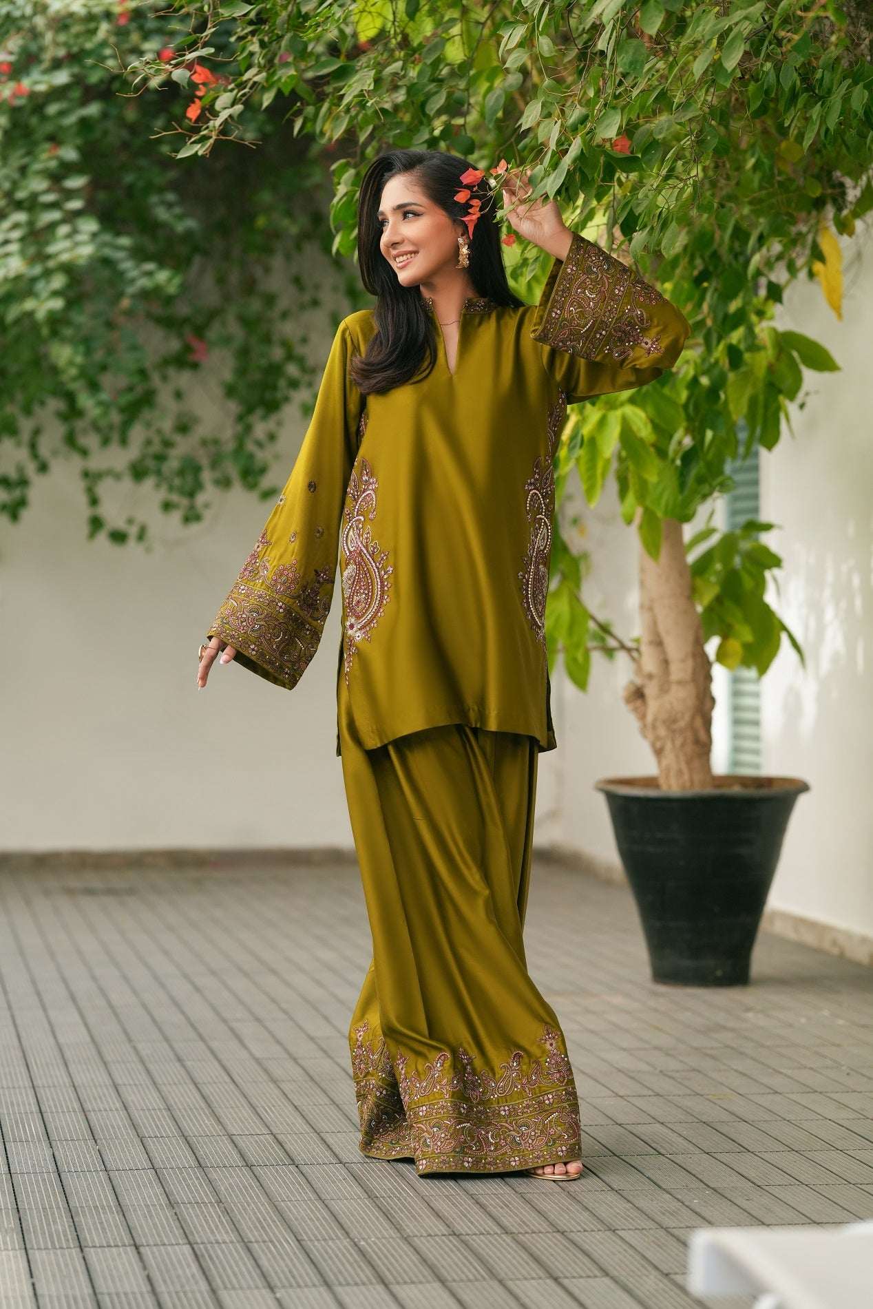NF-6451 Mehndi Silk Stitched 2PC Dress