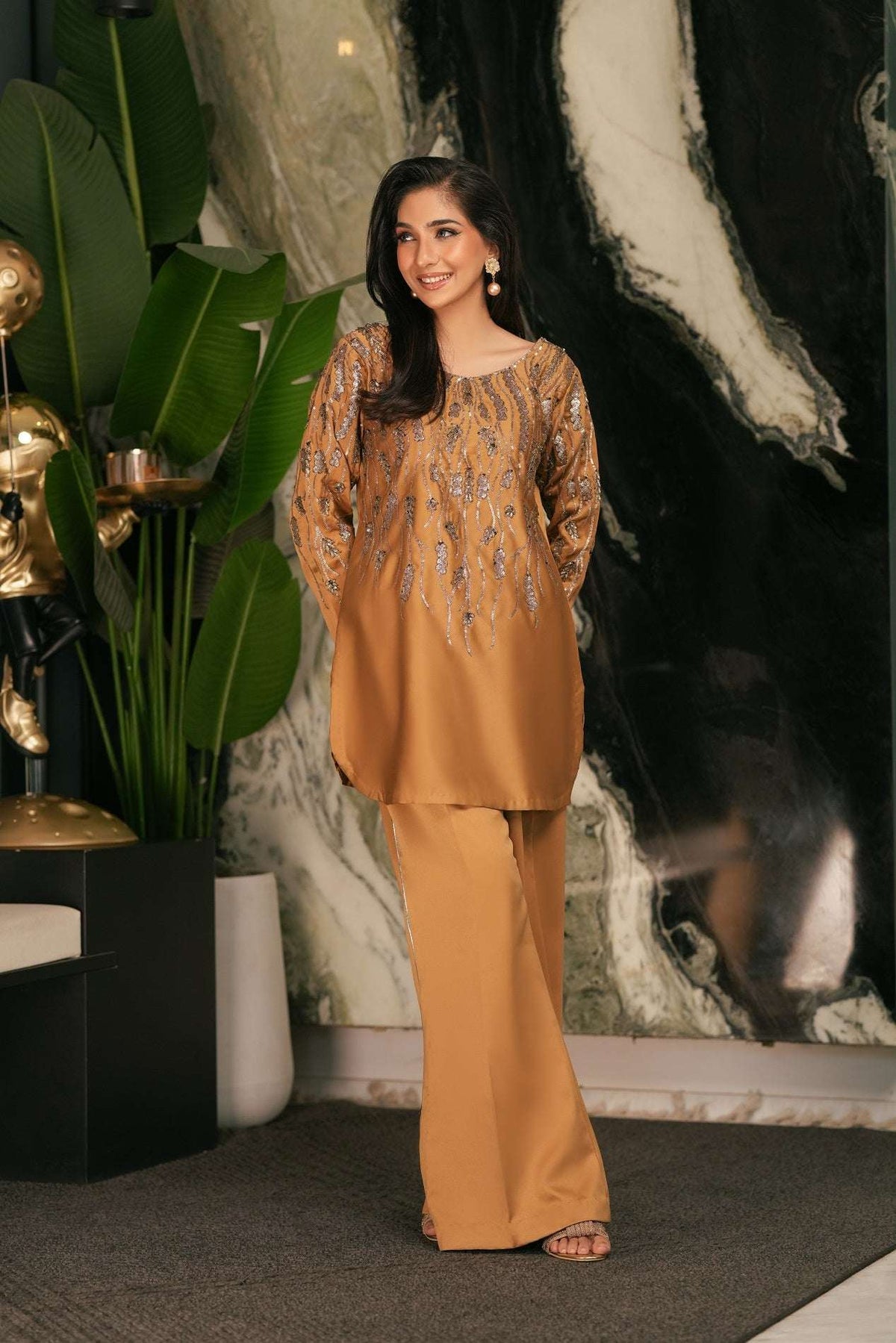 NF-6614 Golden Silk 2Pcs Stitched Dress