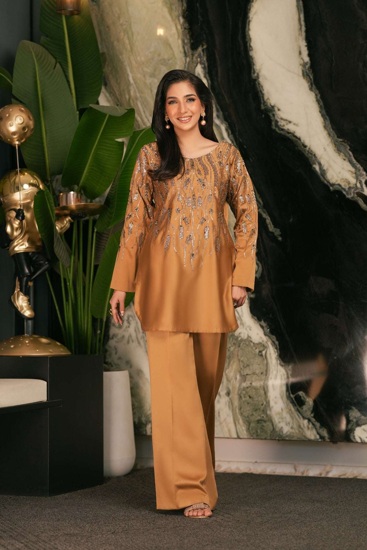 NF-6614 Golden Silk 2Pcs Stitched Dress