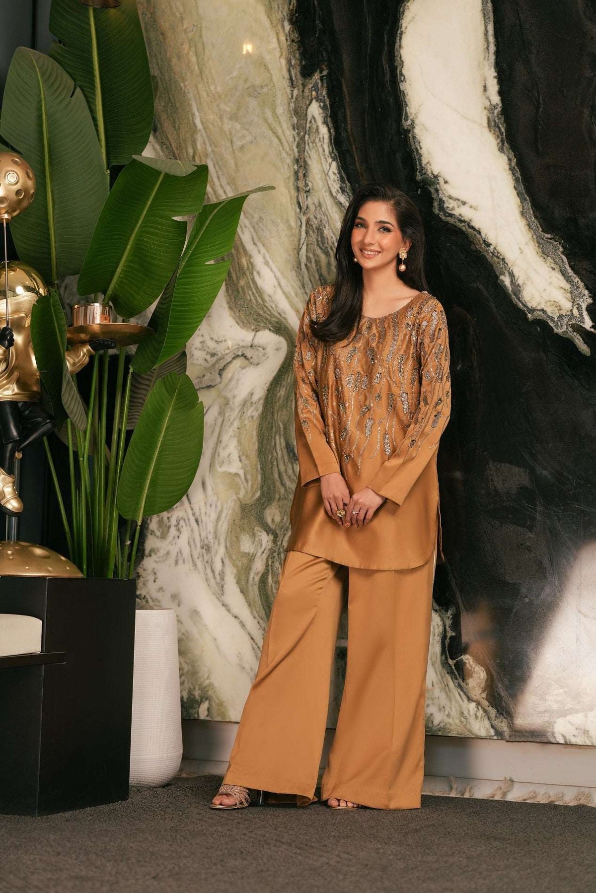 NF-6614 Golden Silk 2Pcs Stitched Dress