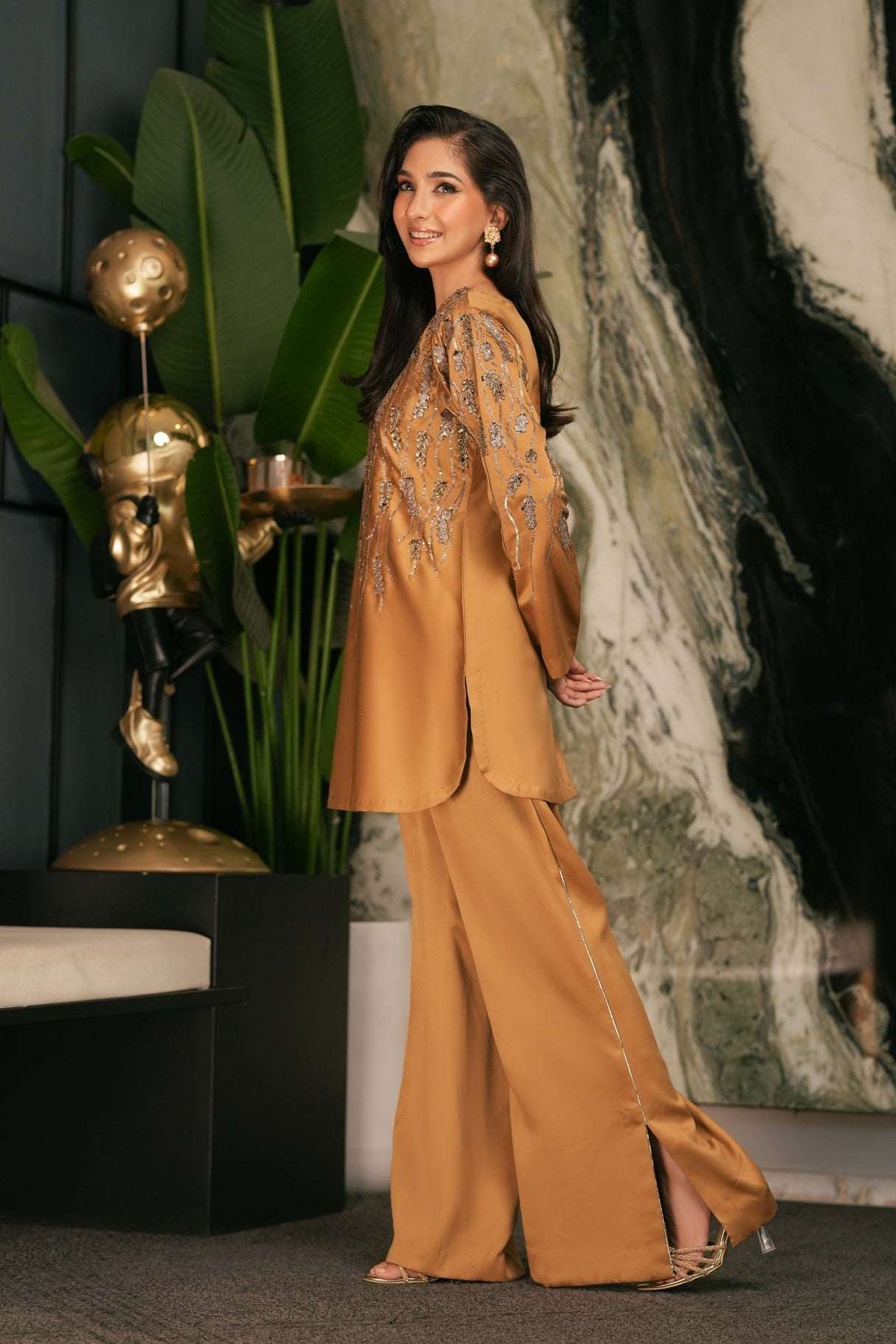 NF-6614 Golden Silk 2Pcs Stitched Dress