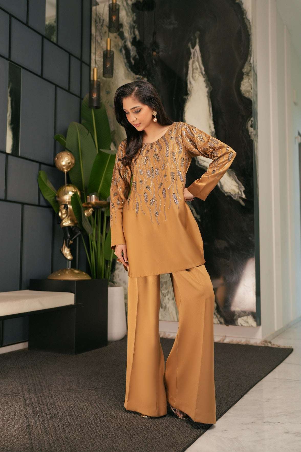 NF-6614 Golden Silk 2Pcs Stitched Dress