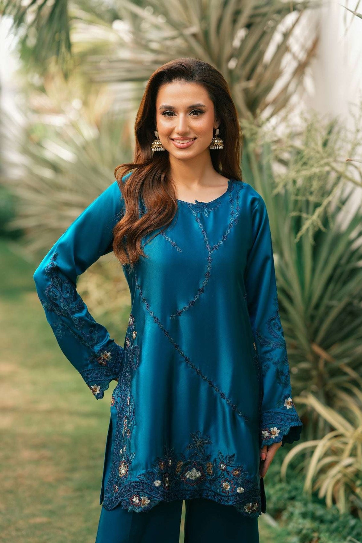NF-6616 Electric Blue Silk 2pcs Stitched Dress