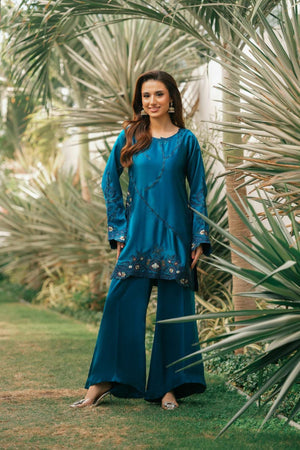NF-6616 Electric Blue Silk 2pcs Stitched Dress