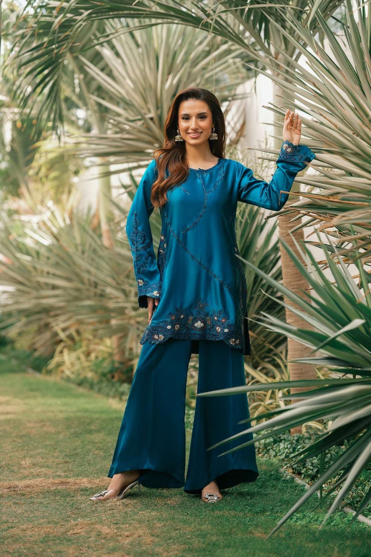 NF-6616 Electric Blue Silk 2pcs Stitched Dress