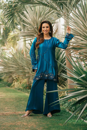 NF-6616 Electric Blue Silk 2pcs Stitched Dress