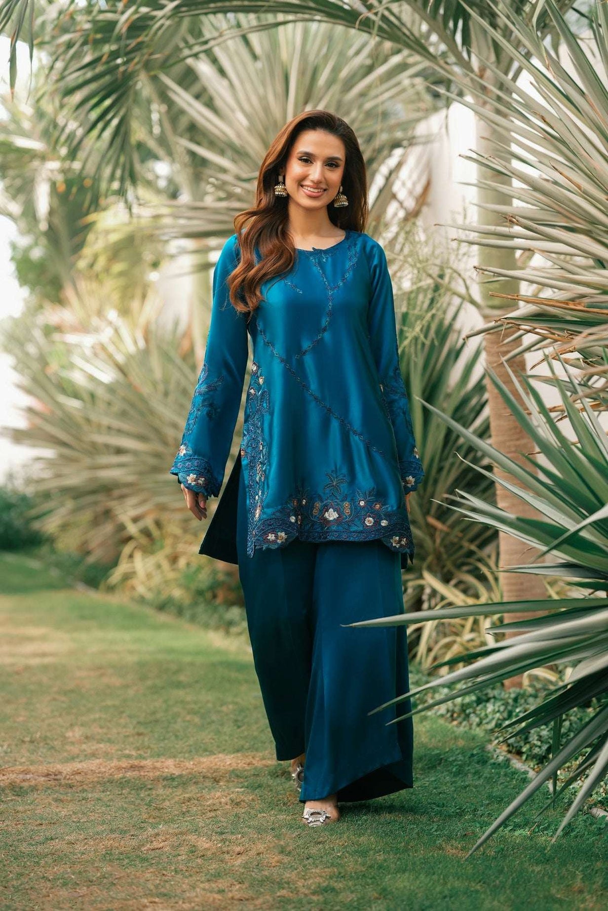 NF-6616 Electric Blue Silk 2pcs Stitched Dress