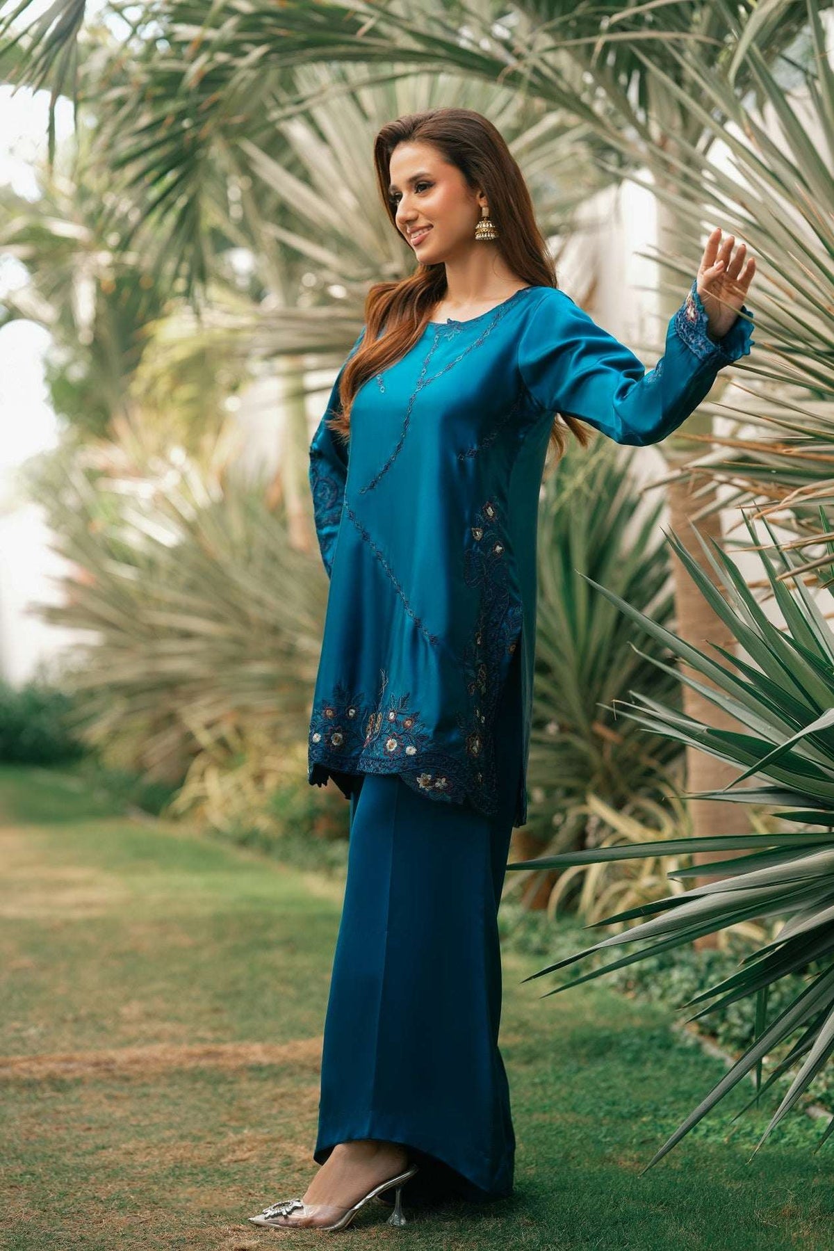 NF-6616 Electric Blue Silk 2pcs Stitched Dress