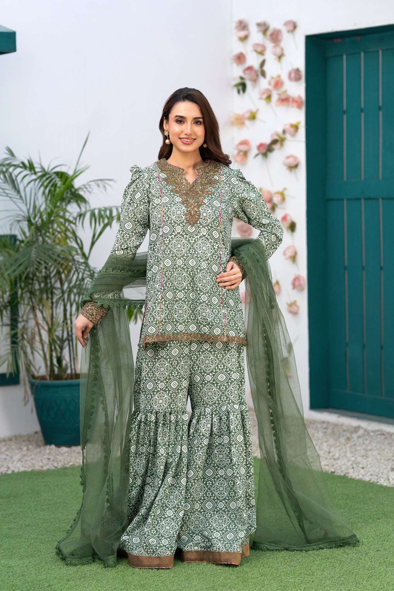 NF-6807 Green White Printed Stitched 2Pc