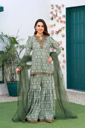 NF-6807 Green White Printed Stitched 2Pc