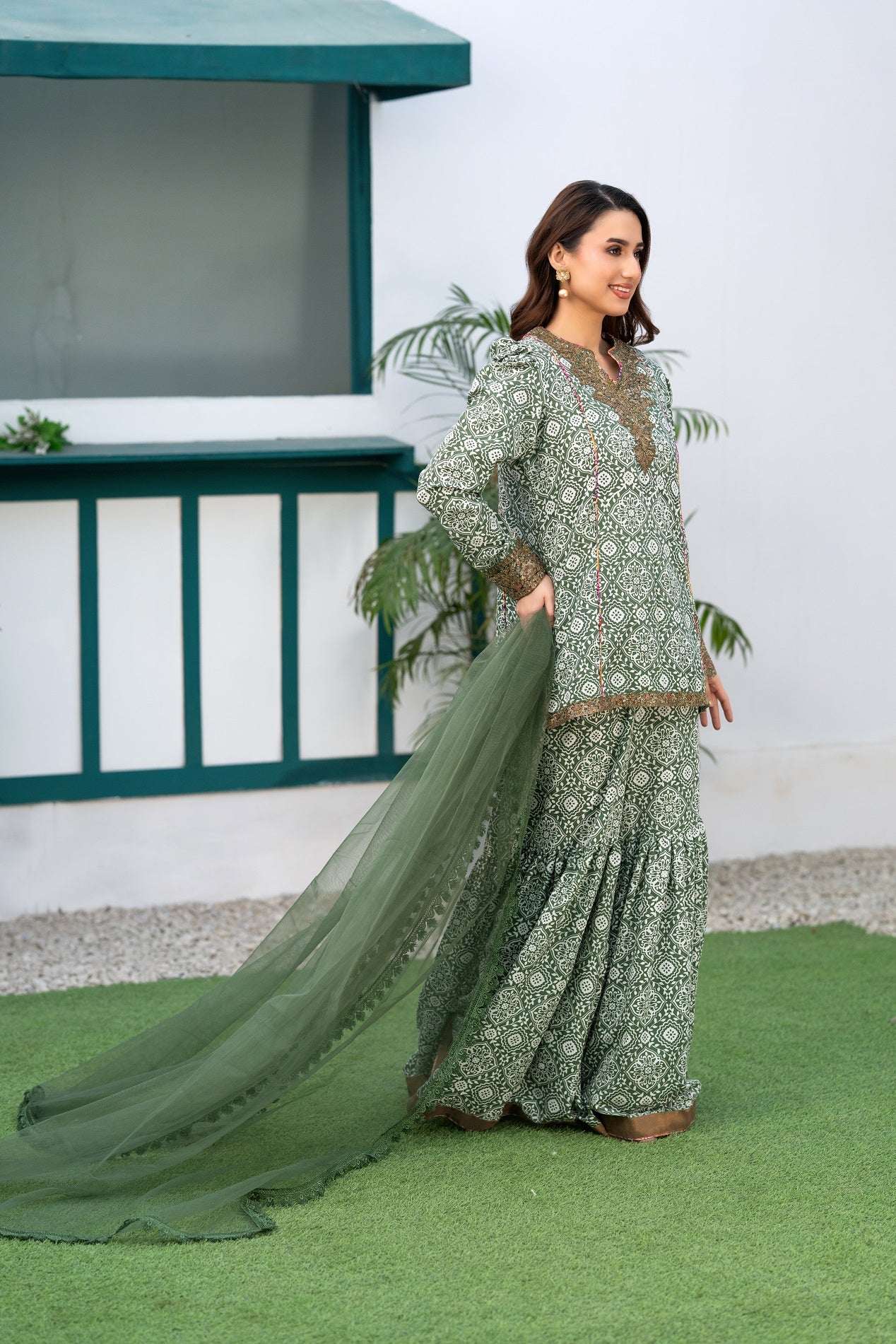 NF-6807 Green White Printed Stitched 2Pc