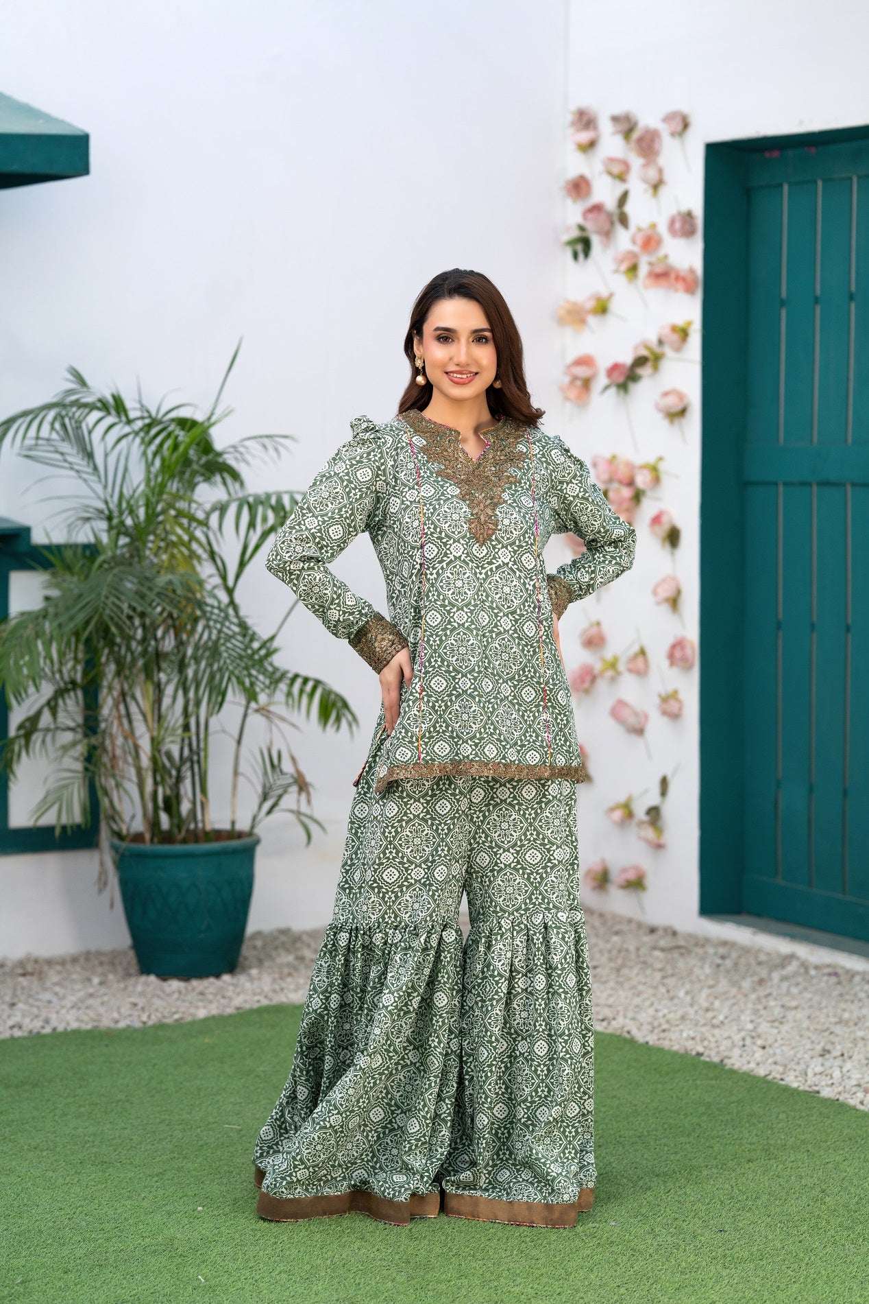 NF-6807 Green White Printed Stitched 2Pc