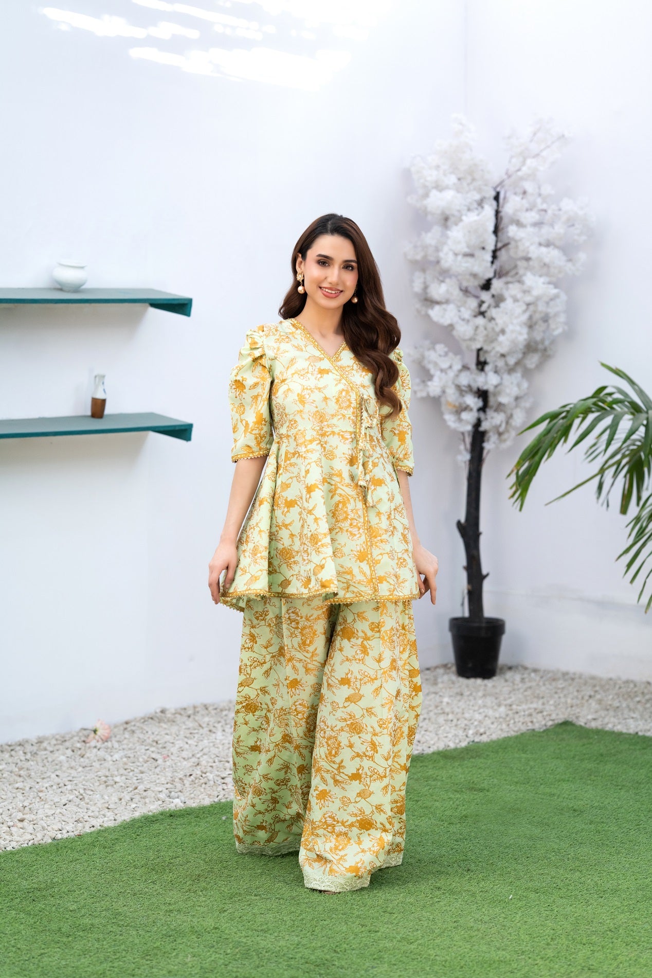NF-6645 Pista Gold Print 2pc Stitched Dress