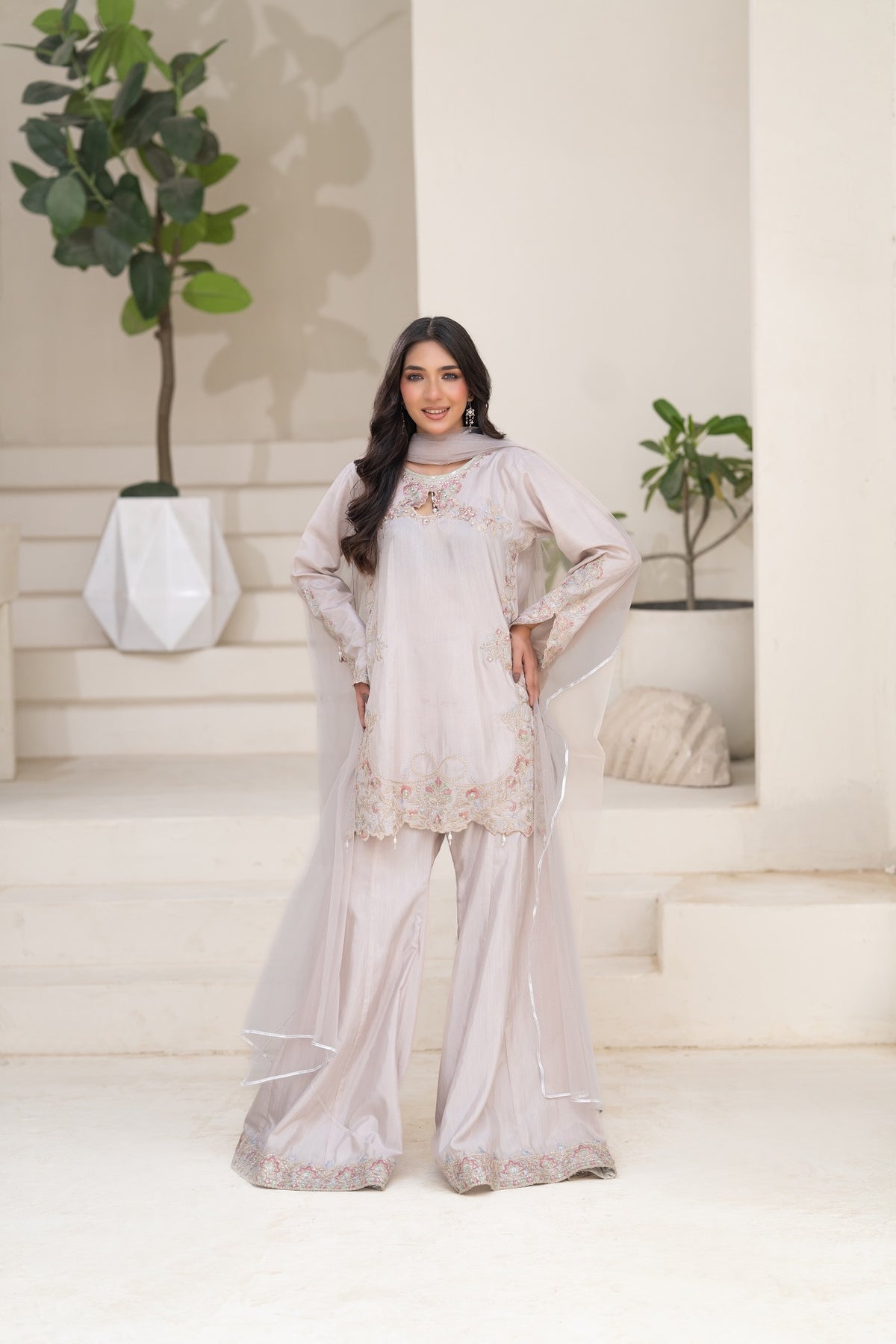 NF-6836 Silver Rawsilk 2PC Stitched Dress