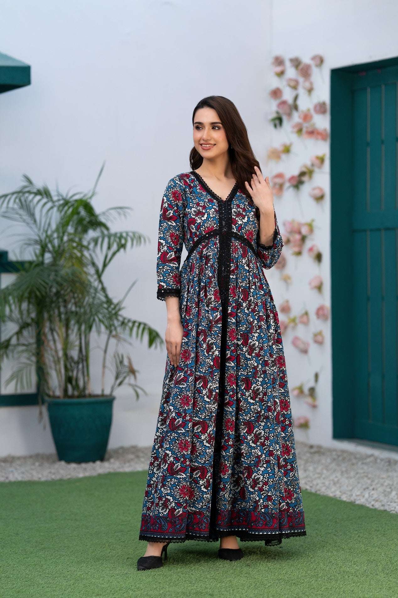 NF-5460 Blue Red Printed Stitched Frock