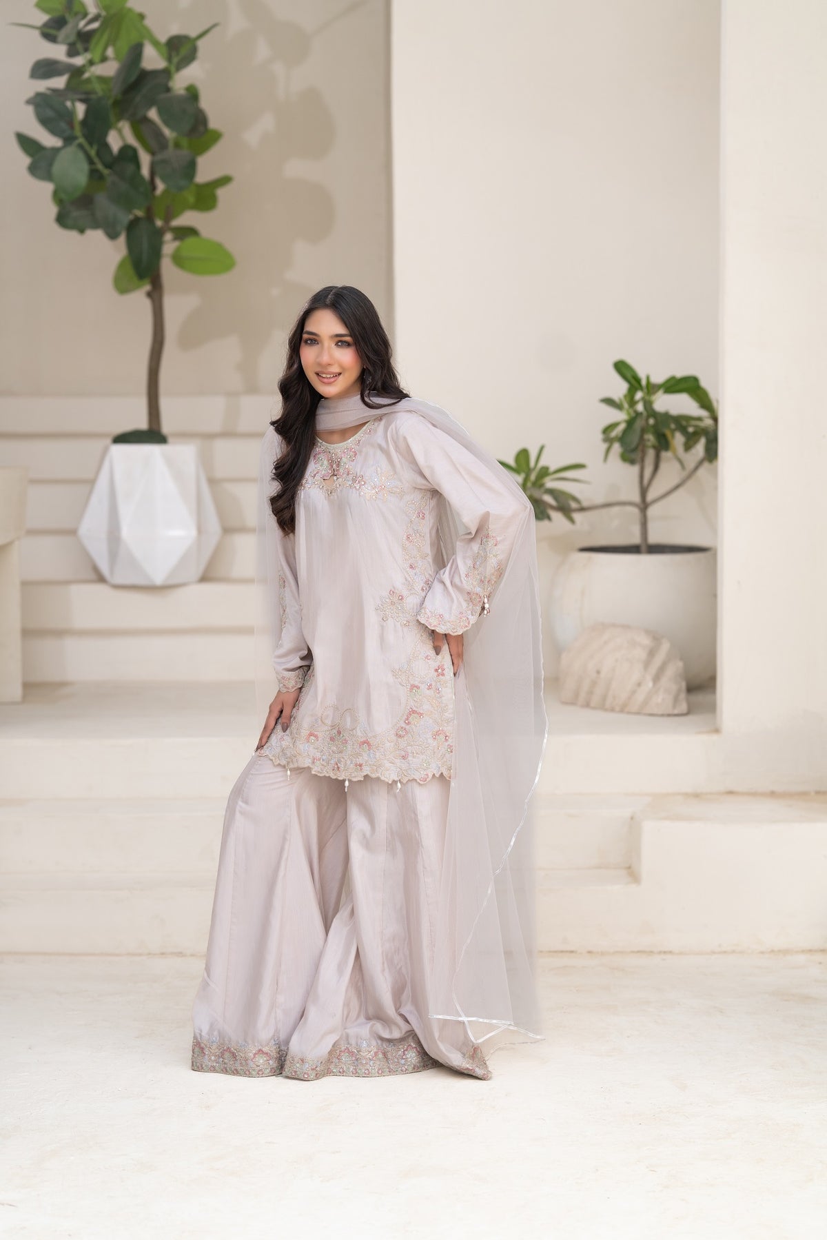 NF-6836 Silver Rawsilk 2PC Stitched Dress