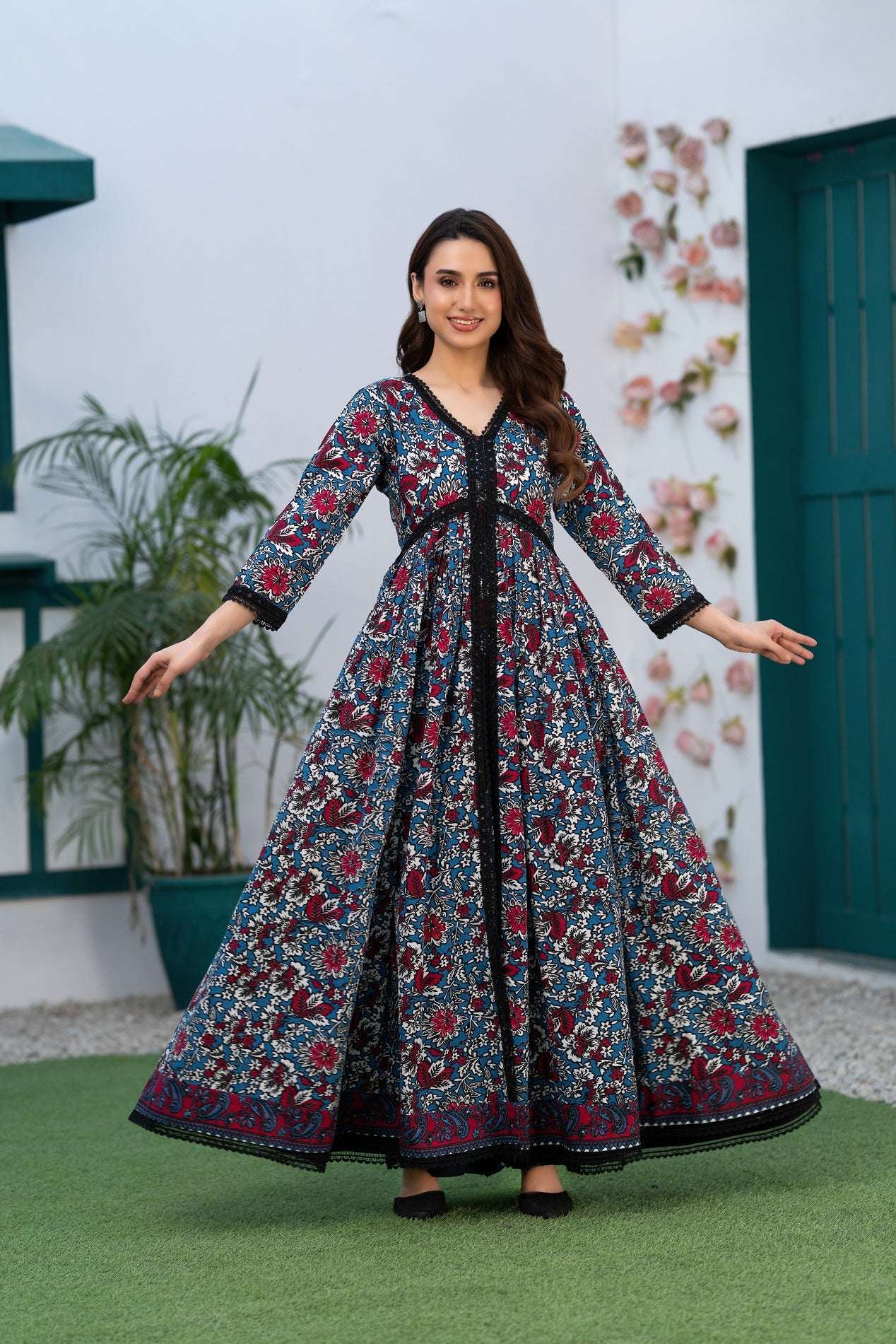 NF-5460 Blue Red Printed Stitched Frock