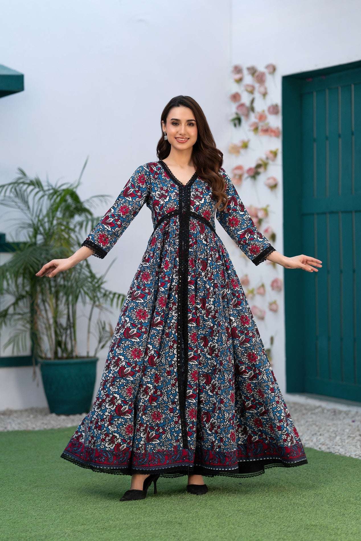 NF-5460 Blue Red Printed Stitched Frock