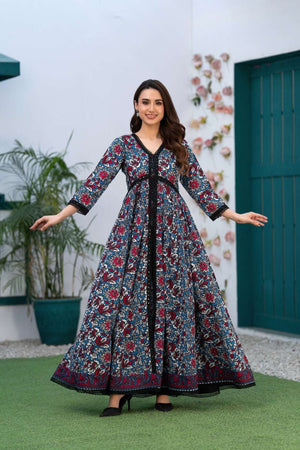 NF-5460 Blue Red Printed Stitched Frock
