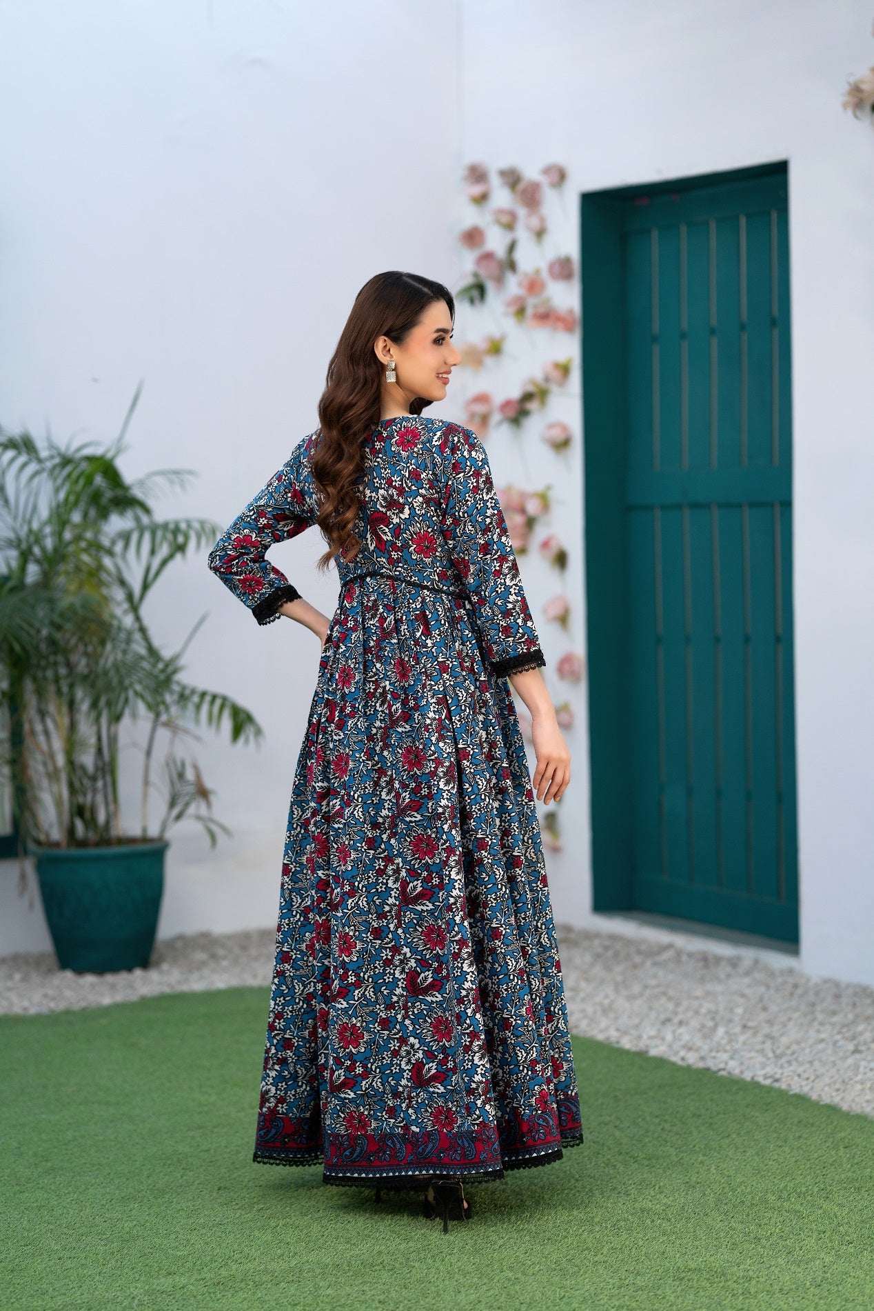 NF-5460 Blue Red Printed Stitched Frock