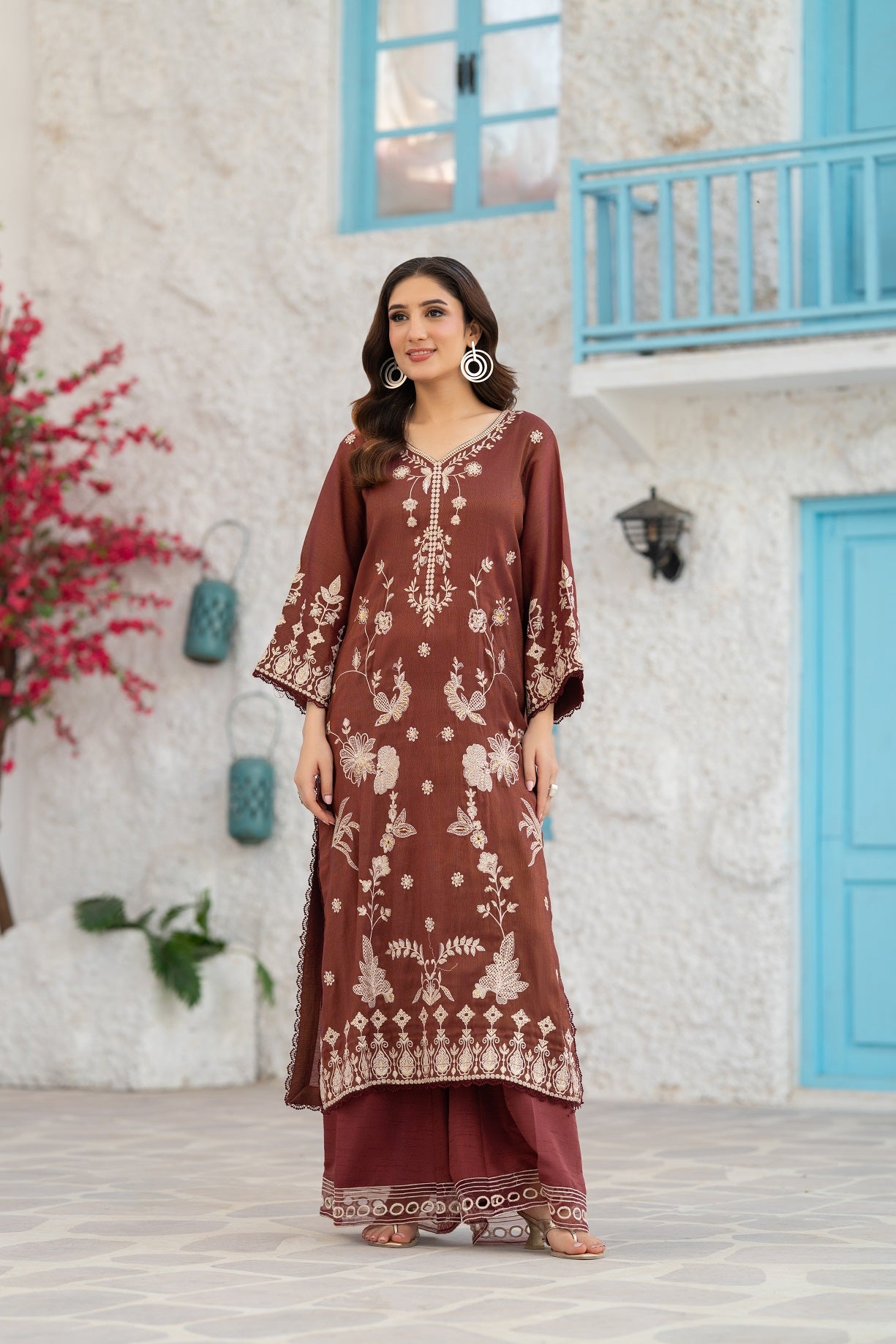 NF-6576 Brown Cotton Maisori Stitched 2PC Dress