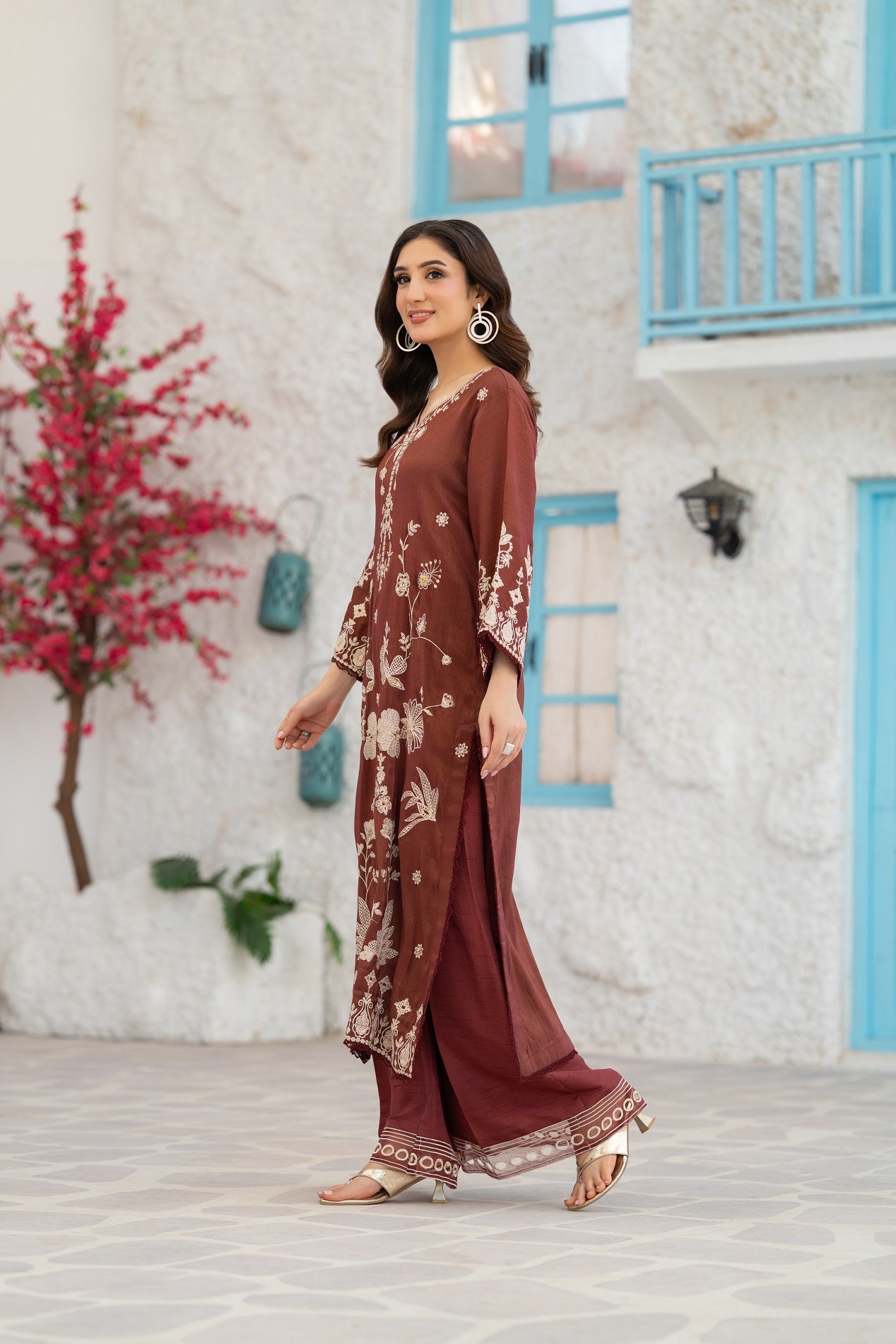 NF-6576 Brown Cotton Maisori Stitched 2PC Dress
