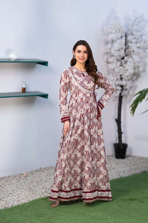 NF-66230 Maroon Pink Printed Stitched Frock