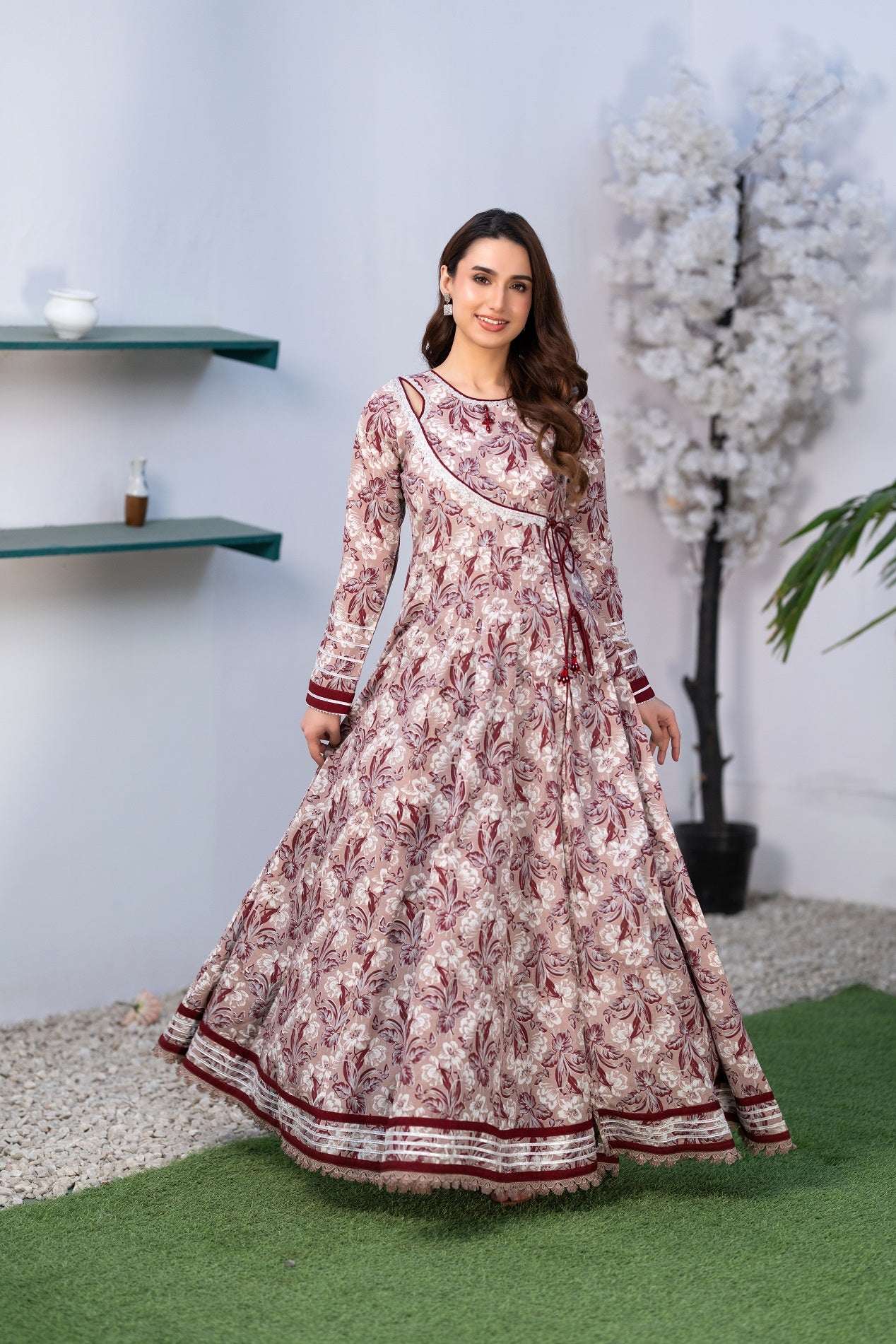 NF-66230 Maroon Pink Printed Stitched Frock