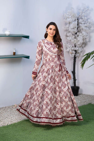 NF-66230 Maroon Pink Printed Stitched Frock