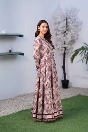 NF-66230 Maroon Pink Printed Stitched Frock