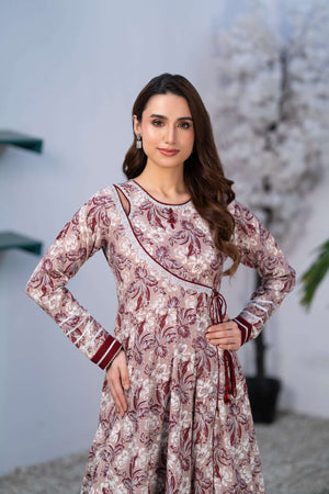 NF-66230 Maroon Pink Printed Stitched Frock