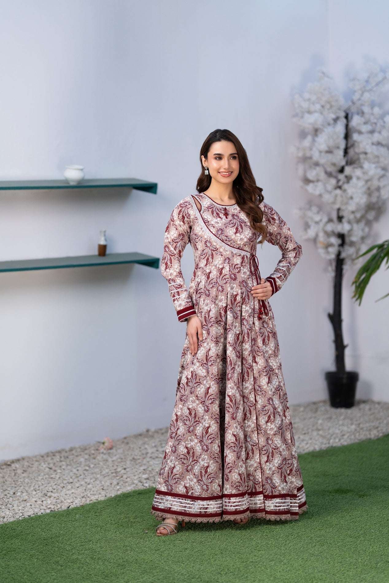 NF-66230 Maroon Pink Printed Stitched Frock