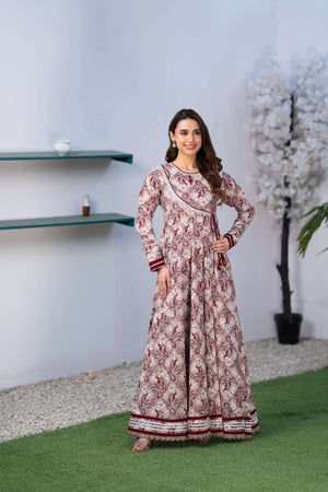 NF-66230 Maroon Pink Printed Stitched Frock