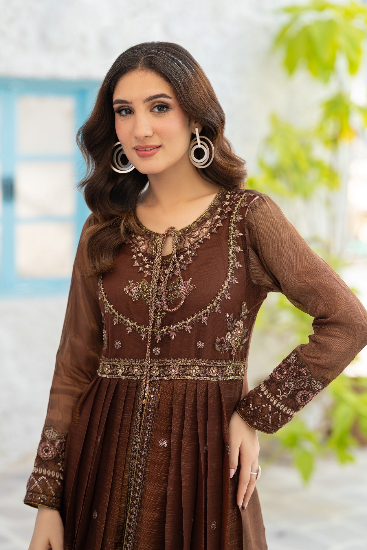 NF-6577 Brown Masori Frock Stitched