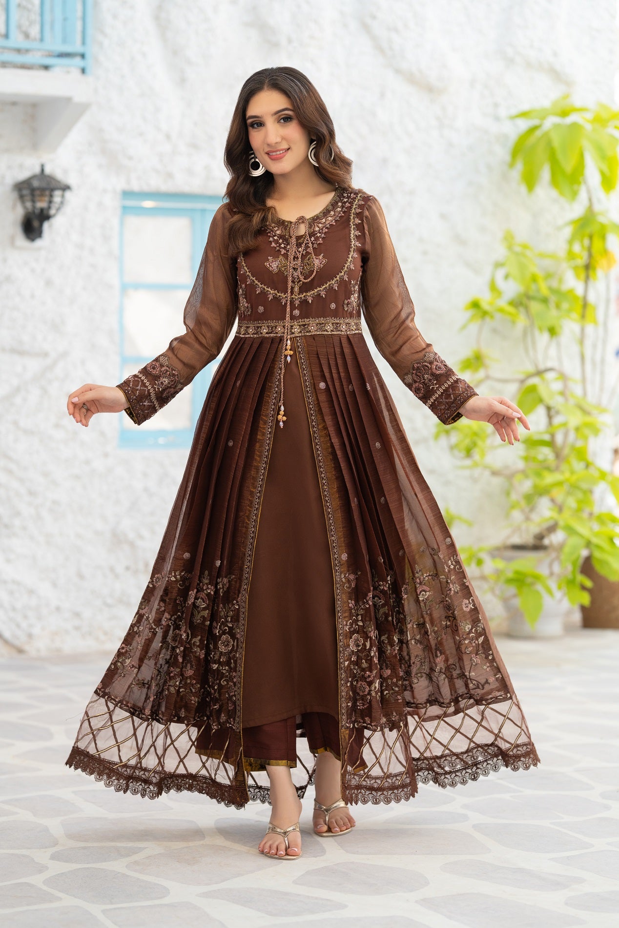 NF-6577 Brown Masori Frock Stitched