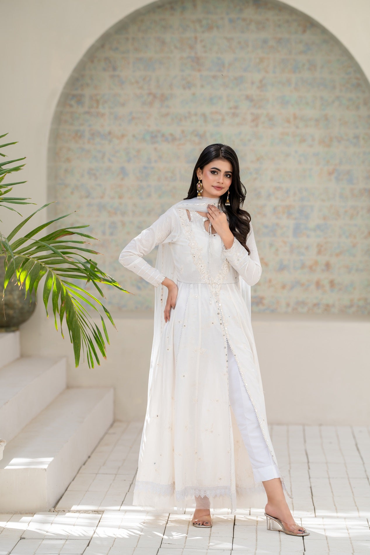 NF-6821 White Chicken Kari Stitched Frock