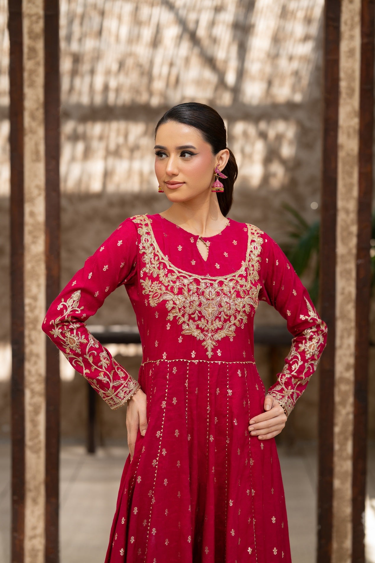 NF-6714 Shocking Pink Jaquard Stitched Frock