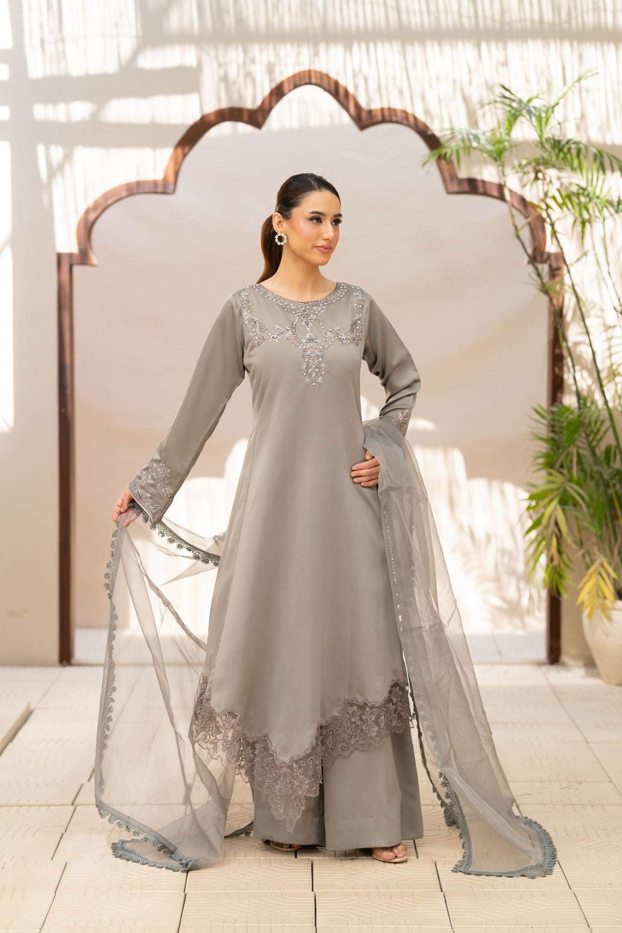 NF-6457 Grey Silk Stitched 2Pc