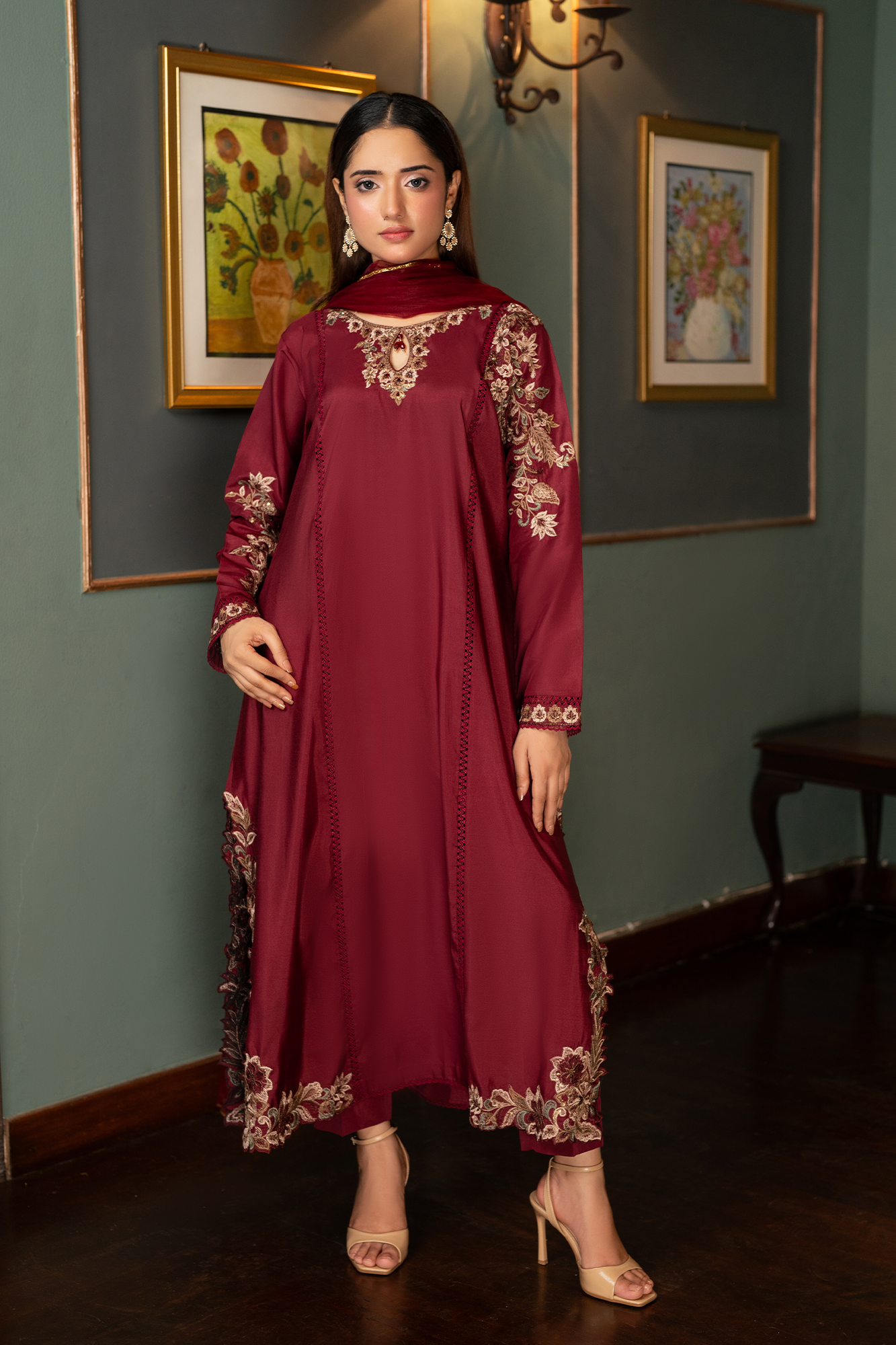 NF-7100 -Maroon Silk Kaftan 2PC