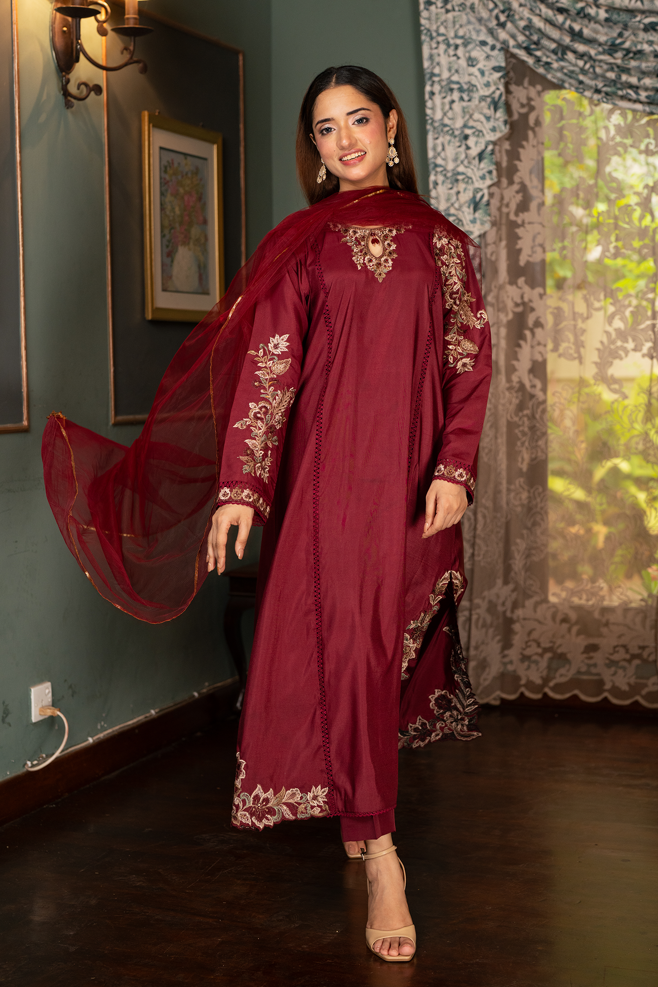 NF-7100 -Maroon Silk Kaftan 2PC